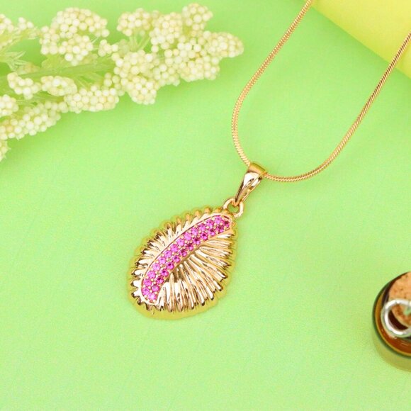 "Rose Gold Textured Pendant with Pink Stone Accent in Leaf Design, XPPT1490 - Picture 6 of 13
